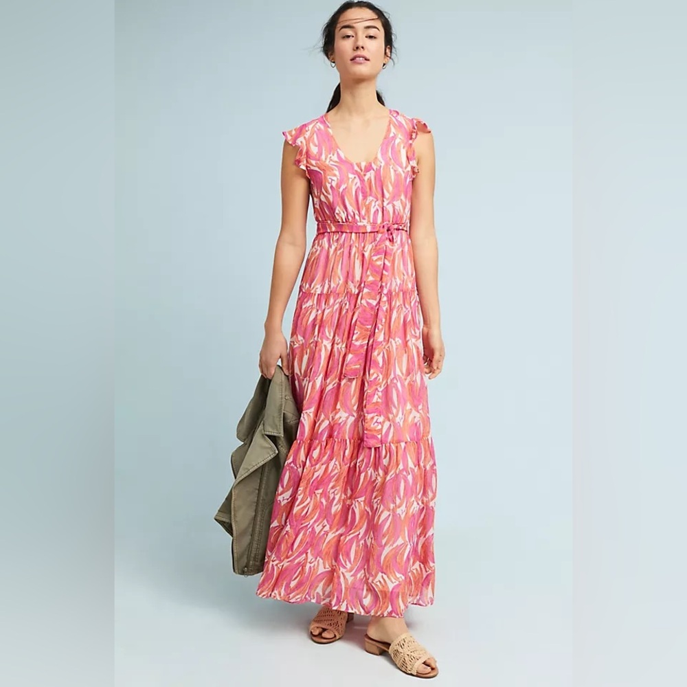 Anthropologie Maeve Banana Grove Printed Novelty Lined Tiered Belted Maxi Dress.
